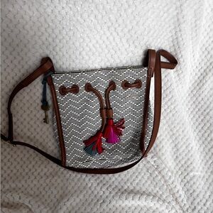 Fossil Brown and White Crossbody Bag with Colorful Tassels